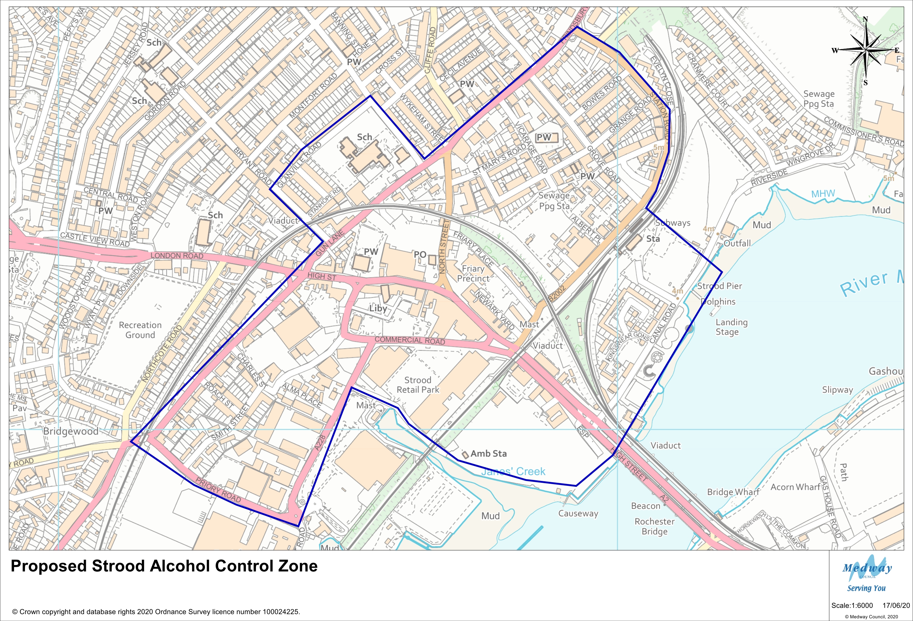 The proposed Strood Alcohol Control Zone covers Strood Town Centre. Starting on Canal Road near The Riverside Tavern the zone follows the river along to Jane’s Creek, next to the Former Civic Centre. The proposed zone includes Strood Retail Park and Knight Road and then proceeds west along Priory Road. The zone follows along Cuxton Road and Gun Lane and includes the area of Bryant Road, Glanville Road and Brompton Lane. The zone progresses along Gun Lane and Frindsbury Road, before turning along Station Road and joining back at Canal Road near Strood Train Station.